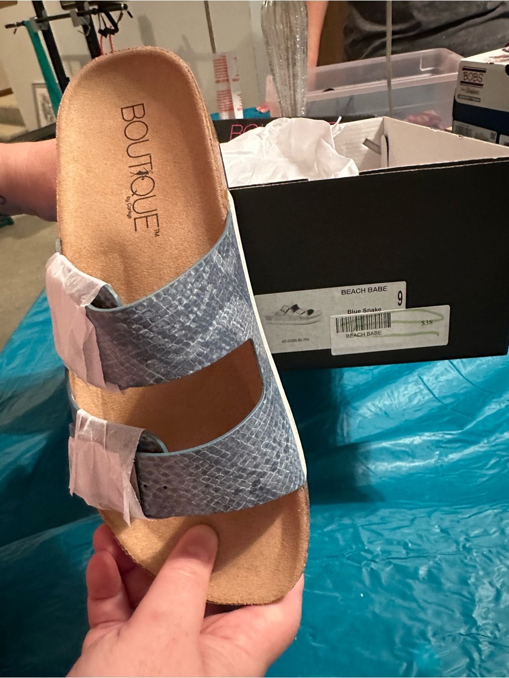 Boutique Blue Snake-Print Slide Sandals